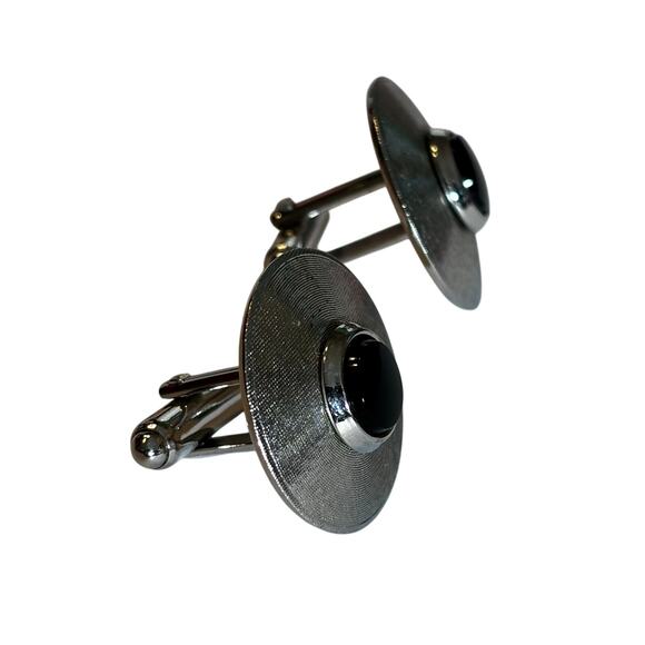 Mid Century silver textured round cufflinks with black enamel centers vintage - Picture 2 of 6
